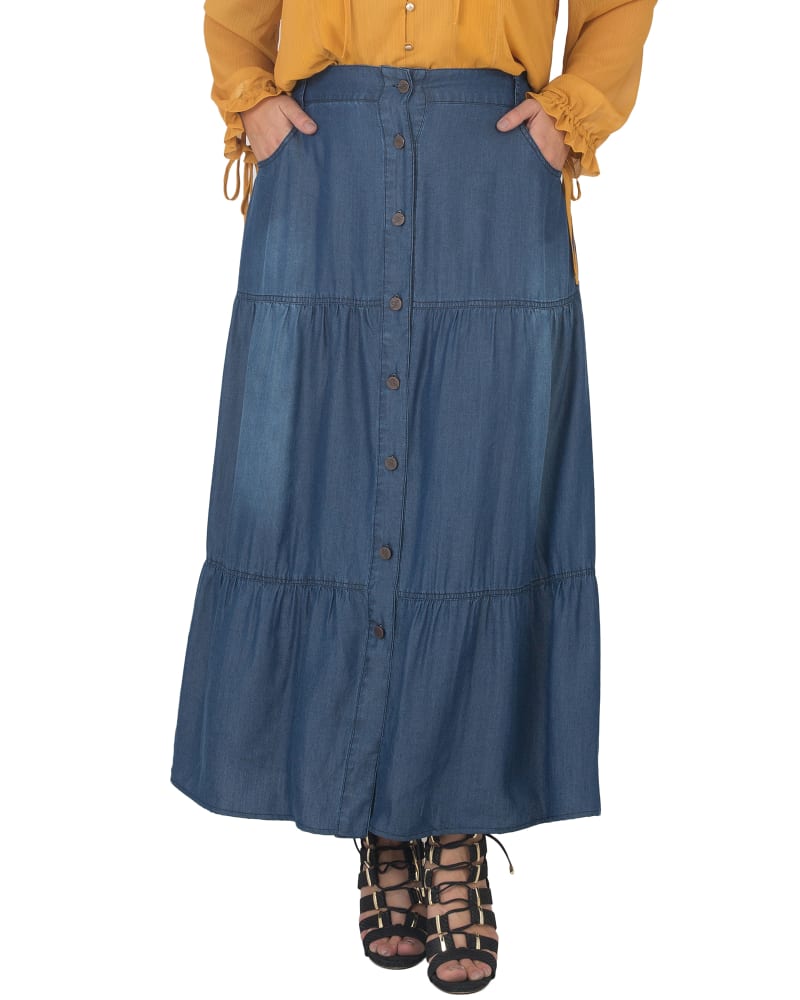 Front of a model wearing a size 14 Audrey Maxi Peasant Skirt in DKBLAST by Standards & Practices. | dia_product_style_image_id:276246